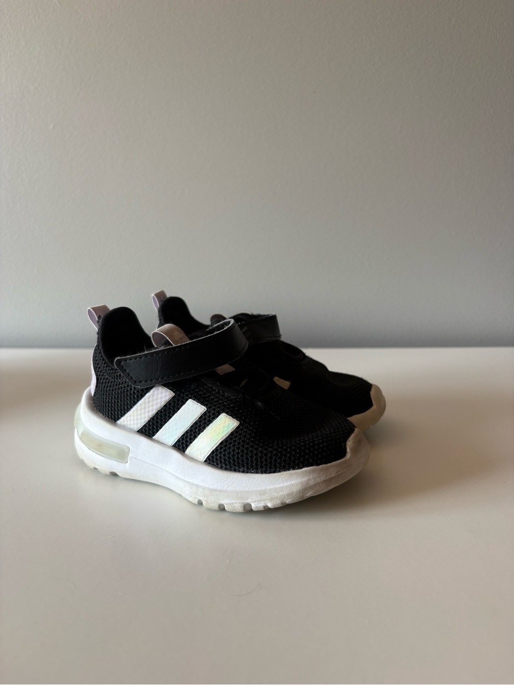 adidas Kids Black Mesh Sneakers with White Stripes and Sole